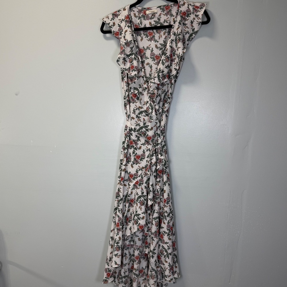 Max Studio Floral High Low Wrap Dress XS White Pink Ruffle Sleeveless Boho